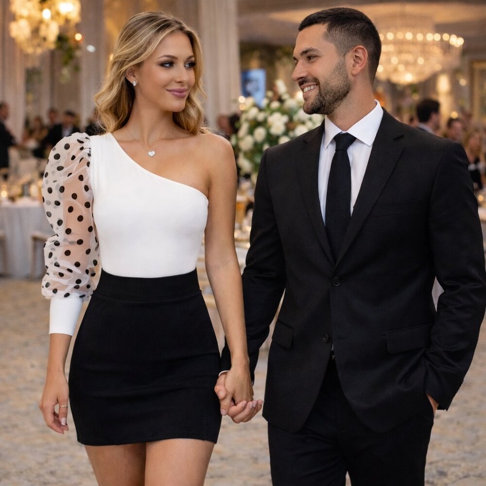 One Shoulder Black & White Blouse with Black Polka Dots